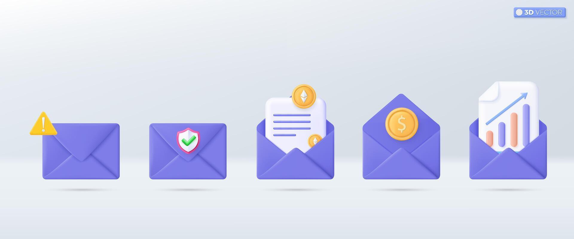 3d violett post kuvert ikon uppsättning symbol. framställa e-post utrop märke, Graf, skydda, guld mynt, krypto valuta ikon. investering begrepp. 3d vektor isolerat illustration, tecknad serie pastell minimal stil
