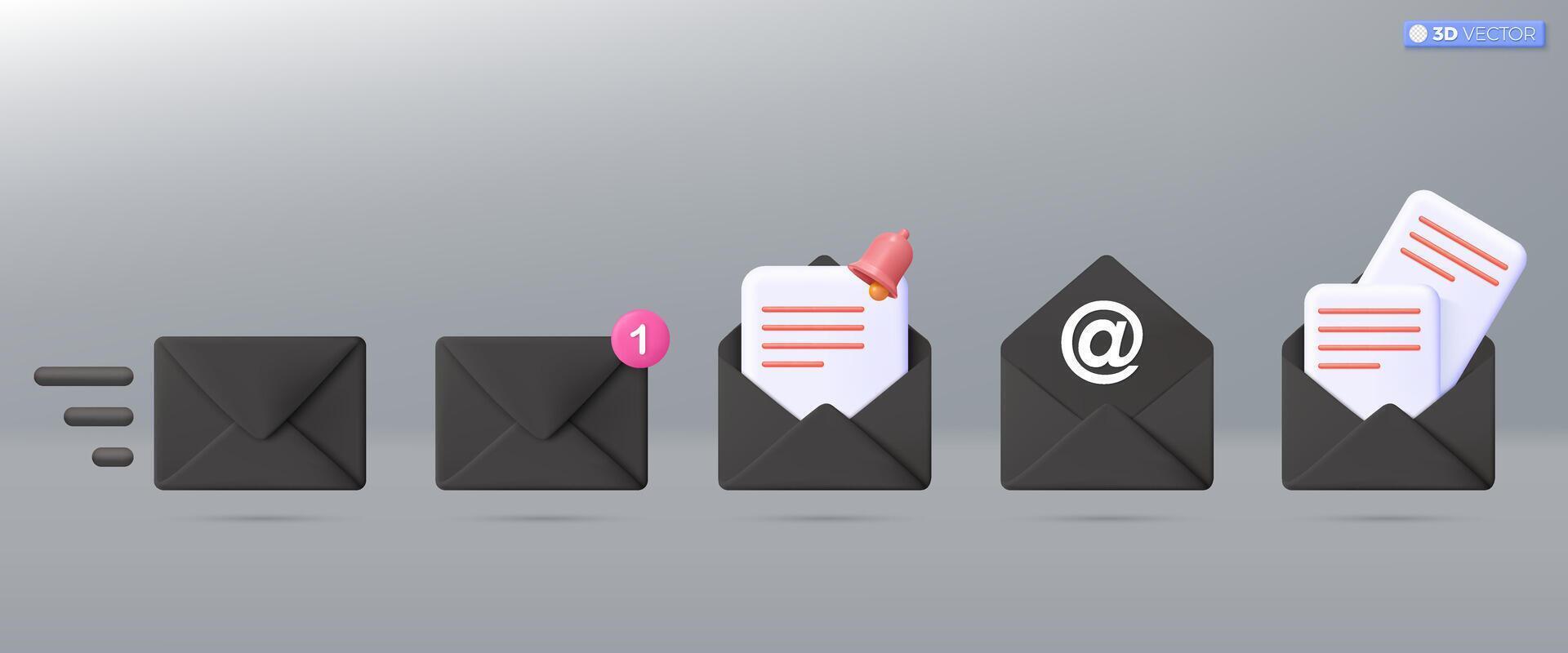 3d svart post kuvert ikon uppsättning symbol. framställa e-post underrättelse med brev, kolla upp märke, papper plan ikoner. kommunikation begrepp. 3d vektor isolerat illustration, tecknad serie pastell minimal stil.