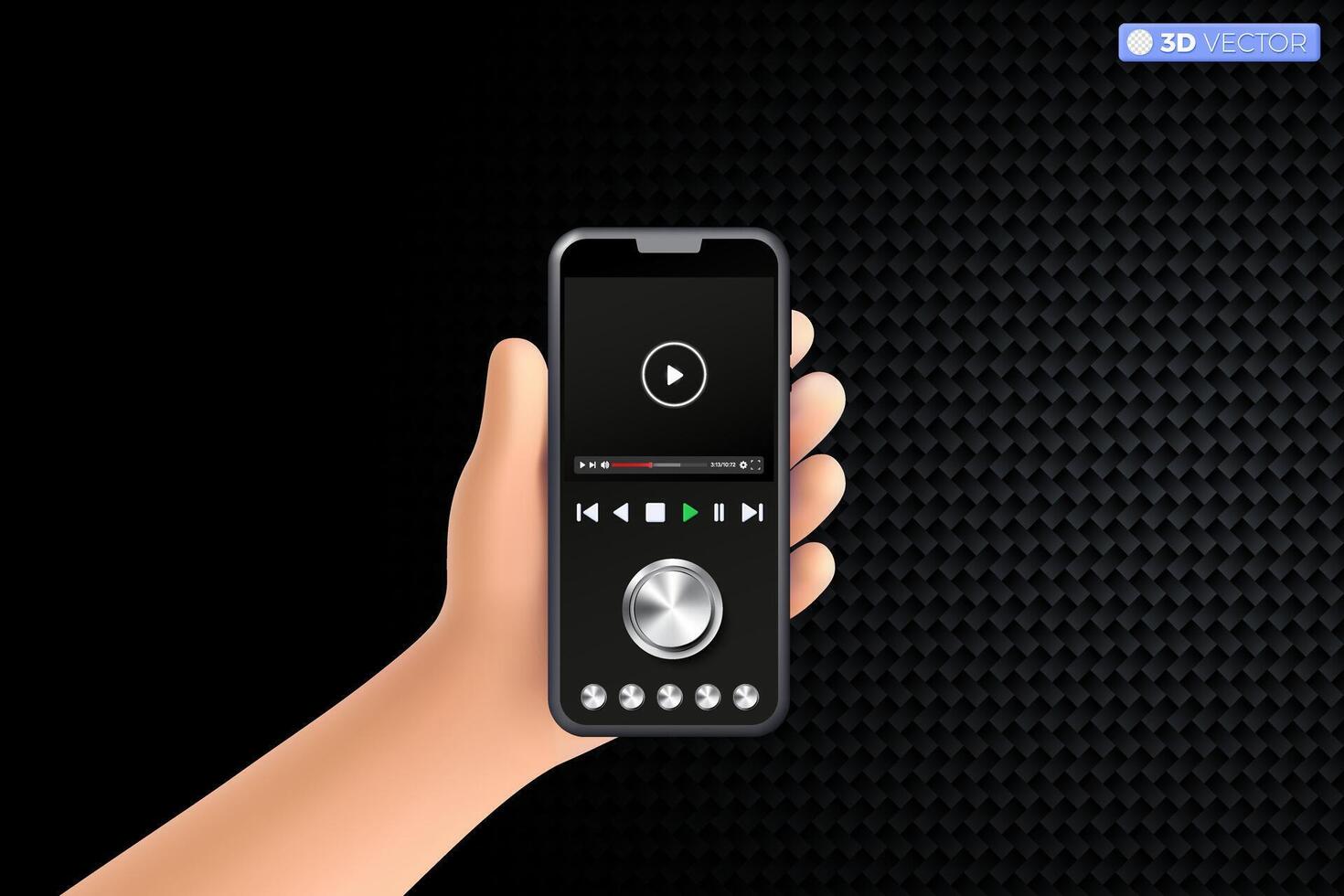 3d hand innehav mobil telefon video media kontrollera knapp gränssnitt symbol. uppkopplad spelar för göra pengar, leva strömning och vlog begrepp. 3d vektor isolerat illustration, tecknad serie pastell minimal stil.