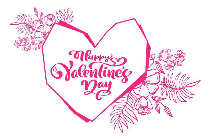 Kalligraphiephrase glücklicher Valentinstag mit Herzen. Vektor handgezeichnete Schriftzug. Holiday Flourish Skizzenkritzel Design Valentinskarte. Liebesdekor für Web, Hochzeit und Print. Isolierte darstellung