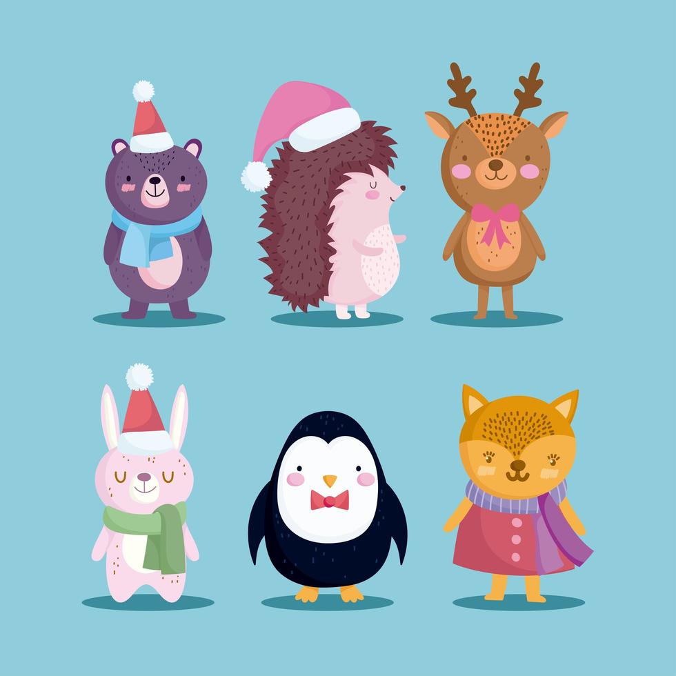 god jul, ikoner som igelkott björn ren pingvin och kanin vektor