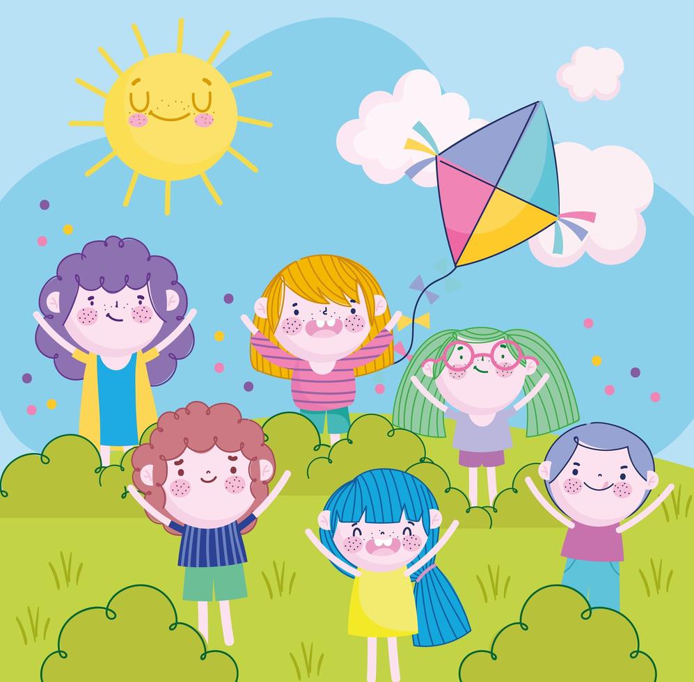 fröhliche kleine Mädchen und Jungen mit Drachen im Park-Cartoon, Kinder vektor