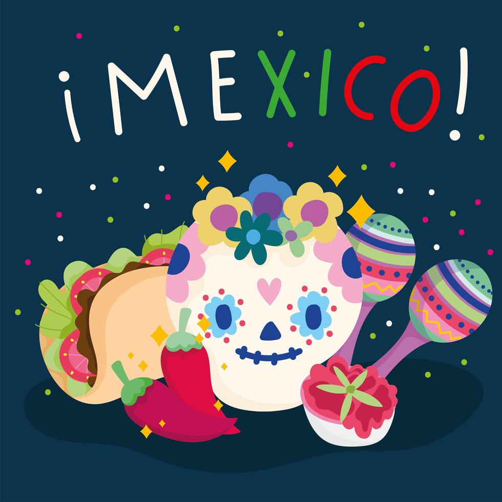 mexico day of the dead skull maracas och matkultur traditionell vektor