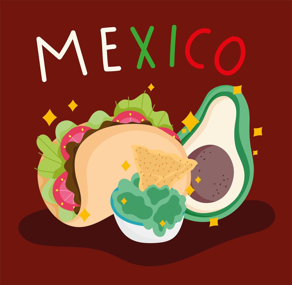 Mexiko Kultur Essen Avocado Taco Guacamole Nachos vektor