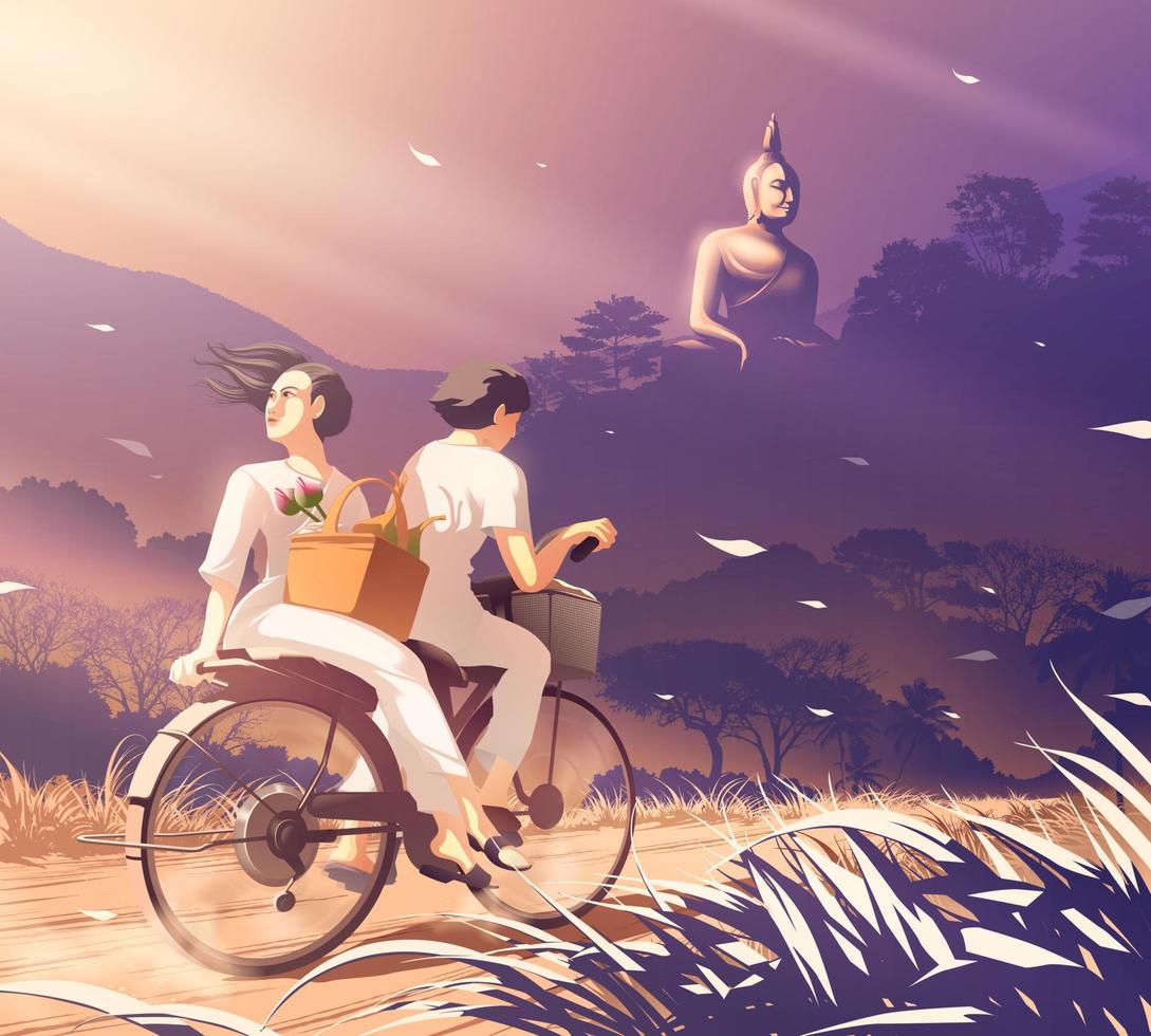 ein Paar, das morgens am Buddha-Tag Fahrrad fährt, um Dharma im Tempel zu praktizieren vektor