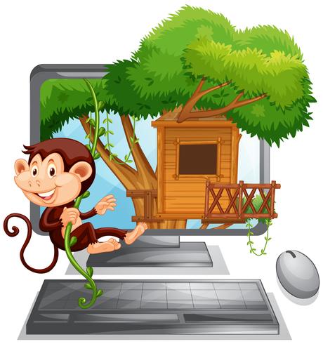 Monkey klättrar upp treehouse på datorskärmen vektor