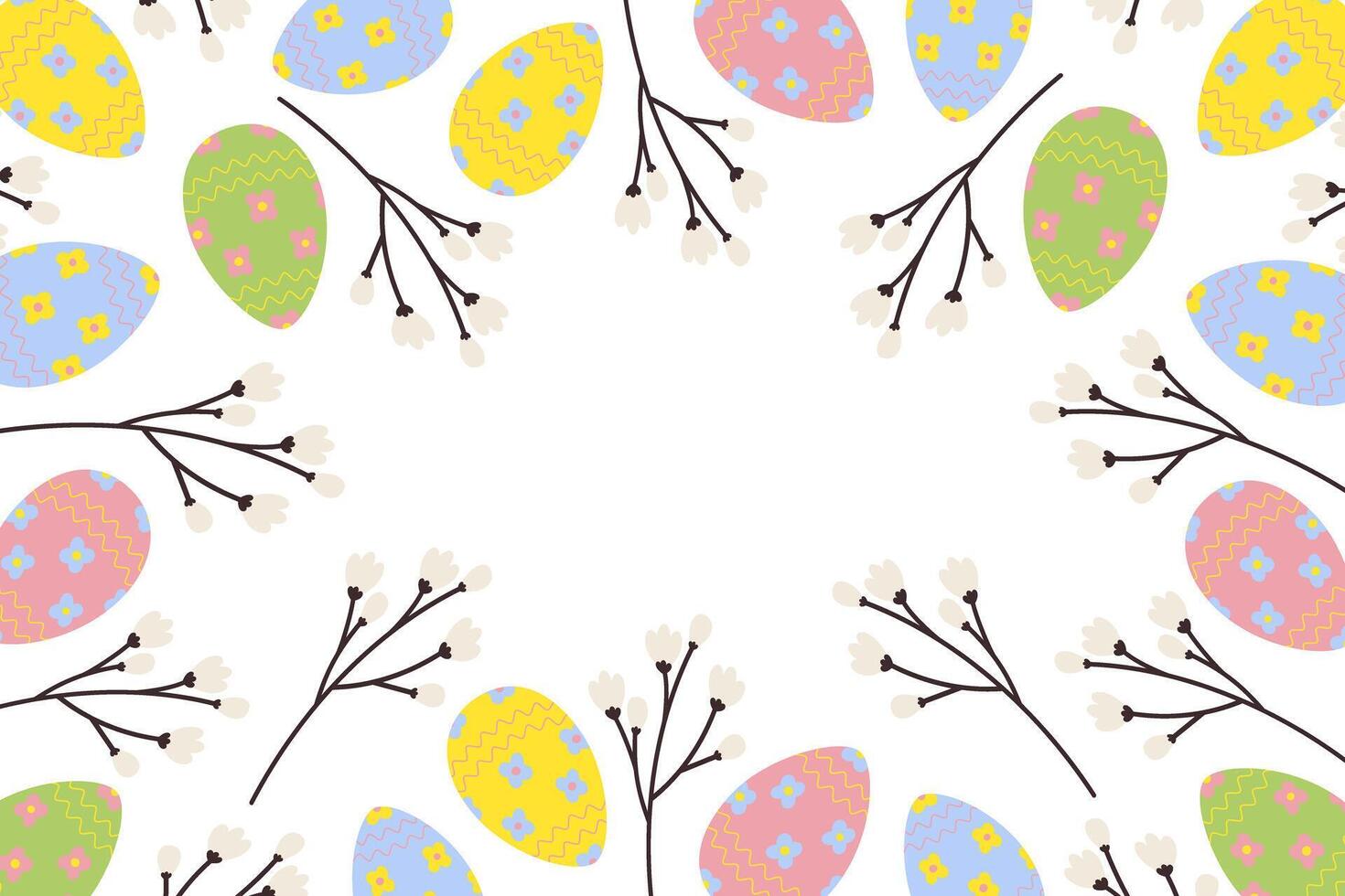 abstrakt färgrik ram gräns av ljus påsk ägg och vår kvistar. kopia Plats. påsk hälsningar vektor