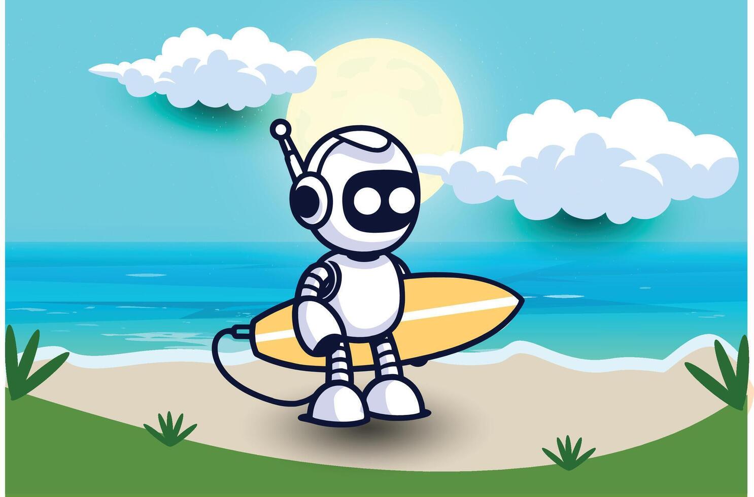 süß Roboter bringen ein Surfbrett zum Surfen. Hintergrund auf Strand Karikatur Vektor Symbol Illustration. Konzept isoliert Prämie Vektor.flach Karikatur Stil