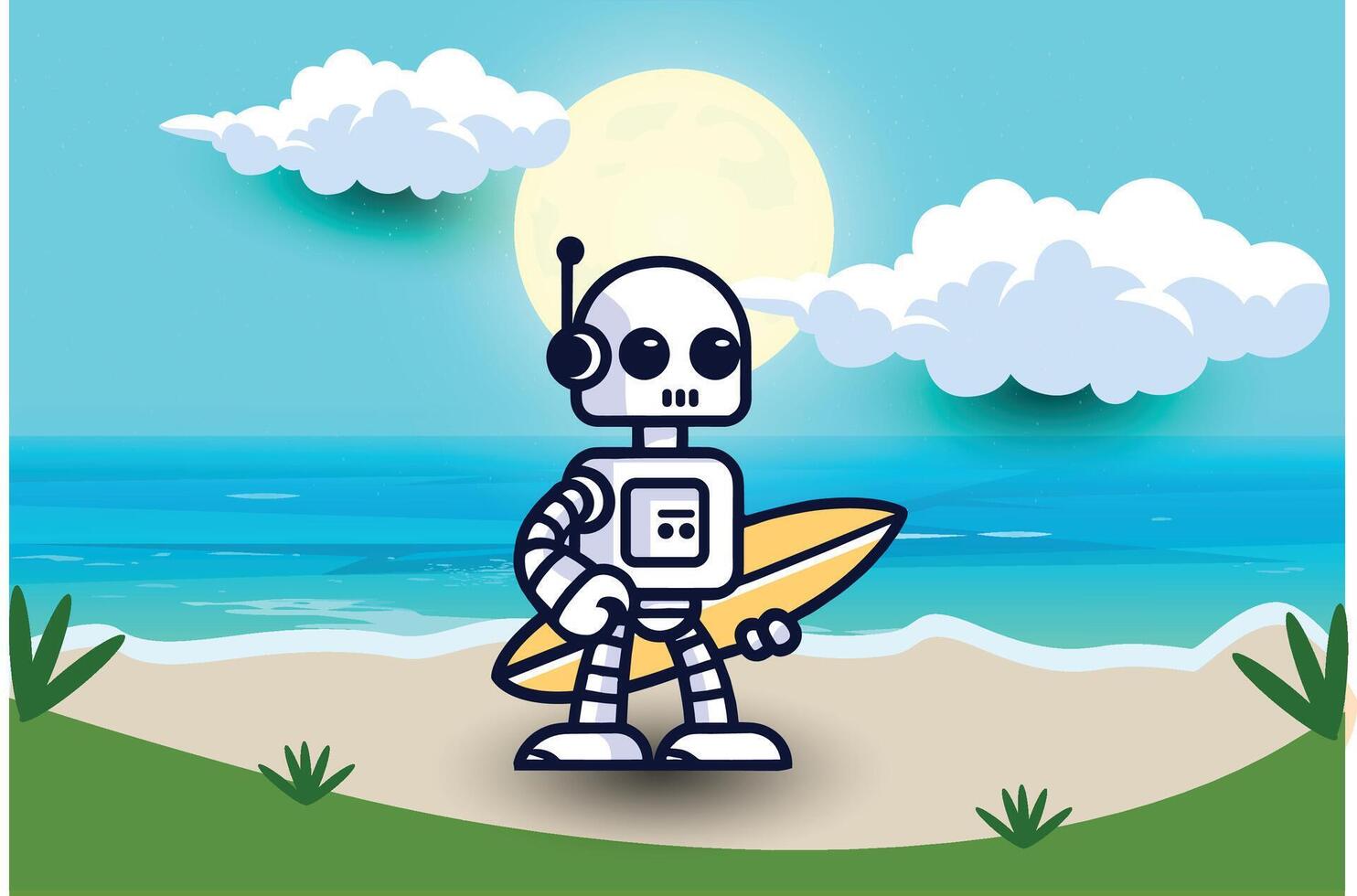söt robot föra en surfingbräda för surfing. bakgrund på strand tecknad serie vektor ikon illustration. begrepp isolerat premie vector.flat tecknad serie stil