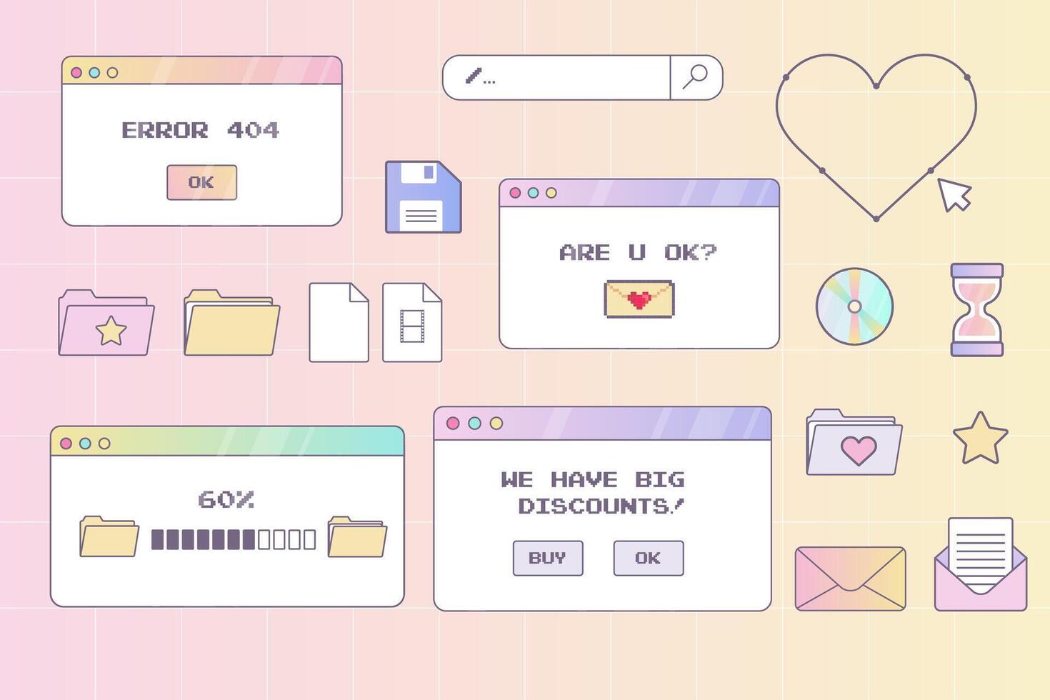 y2k gränssnitt, ikon, browser dator fönster uppsättning pastell retrowave pc skrivbordet med meddelande lådor och dyka upp användare gränssnitt element ux ui vektor