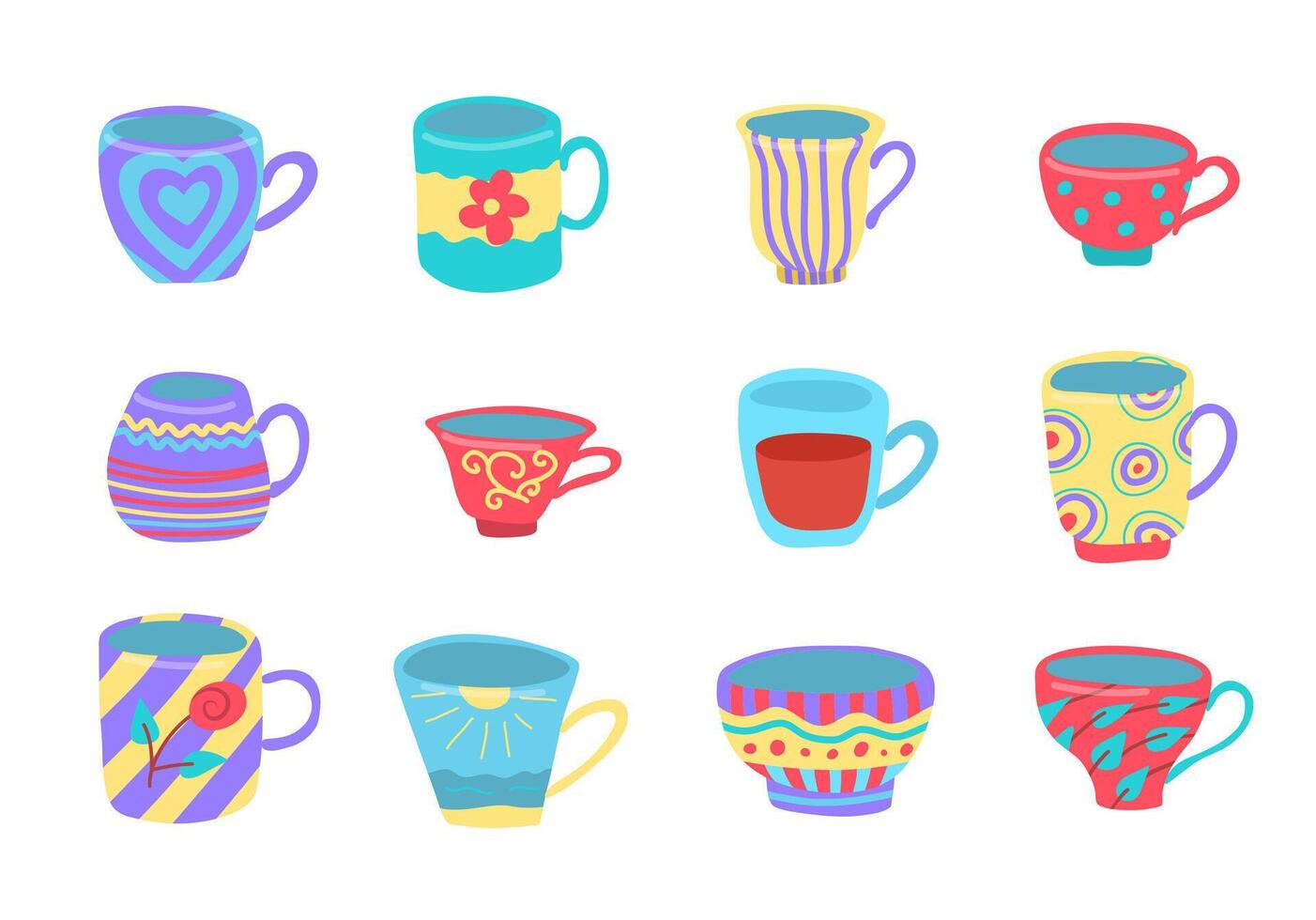 Karikatur Farbe verschiedene Tassen Tee oder Kaffee Symbol Satz. Vektor