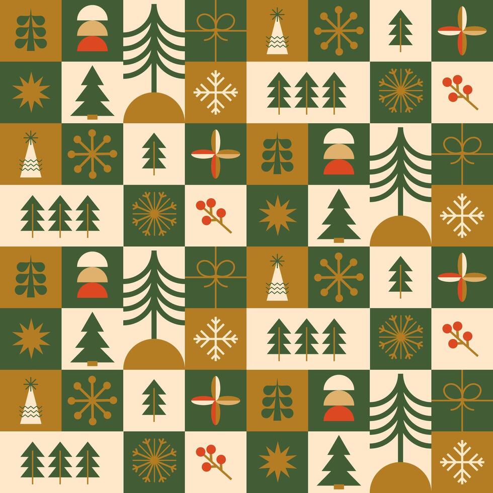 geometrisk jul sömlös mönster tillverkad från enkel geometri jul träd, snöflingor. vektor grön och gyllene mosaik- vinter- Semester upprepa bakgrund, tapet, paket design, omslag papper.