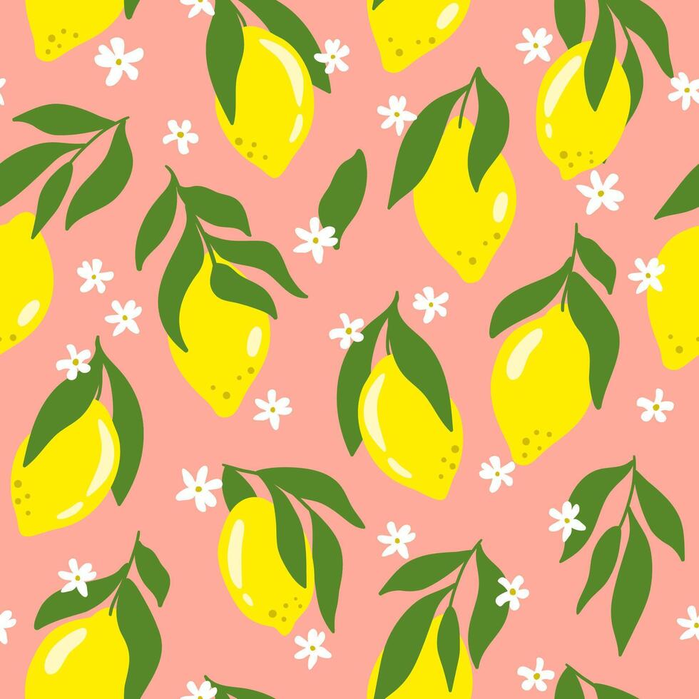 färsk citroner på rosa bakgrund. sommar citrus- frukt sömlös mönster. vektor organisk mat skriva ut, tapet. exotisk frukt illustration, botanisk tapet, tropisk tyg, textil- design, omslag.