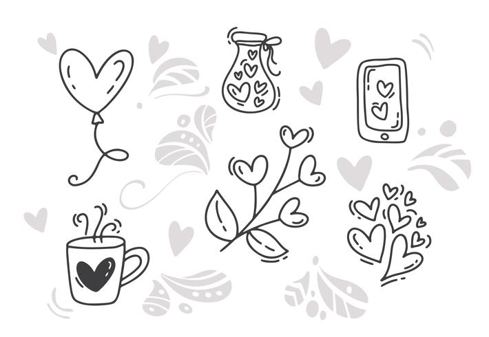 Vektor Monoline Alla hjärtans dag Hand Dragna element. Glad alla hjärtans dag. Holiday sketch doodle Designkort med hjärta. Isolerad illustration dekor för webben, bröllop och tryck