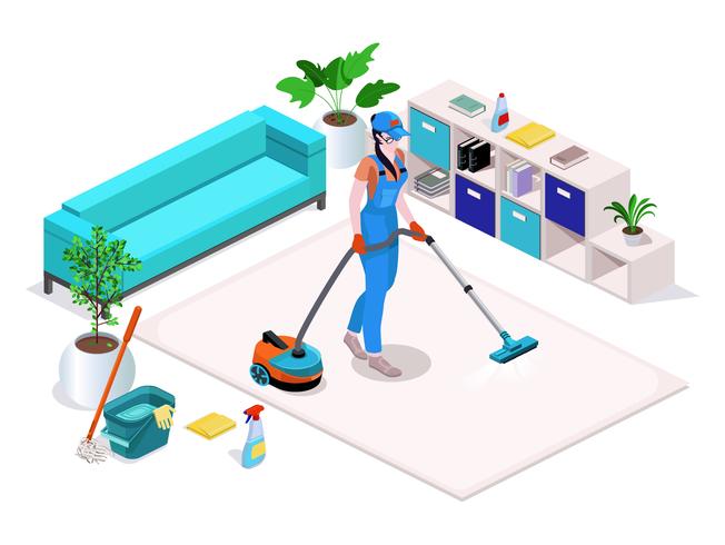 Kvinna klädd i uniform rengör och dammar, tvättar golvet i hemmet och rensar. vektor