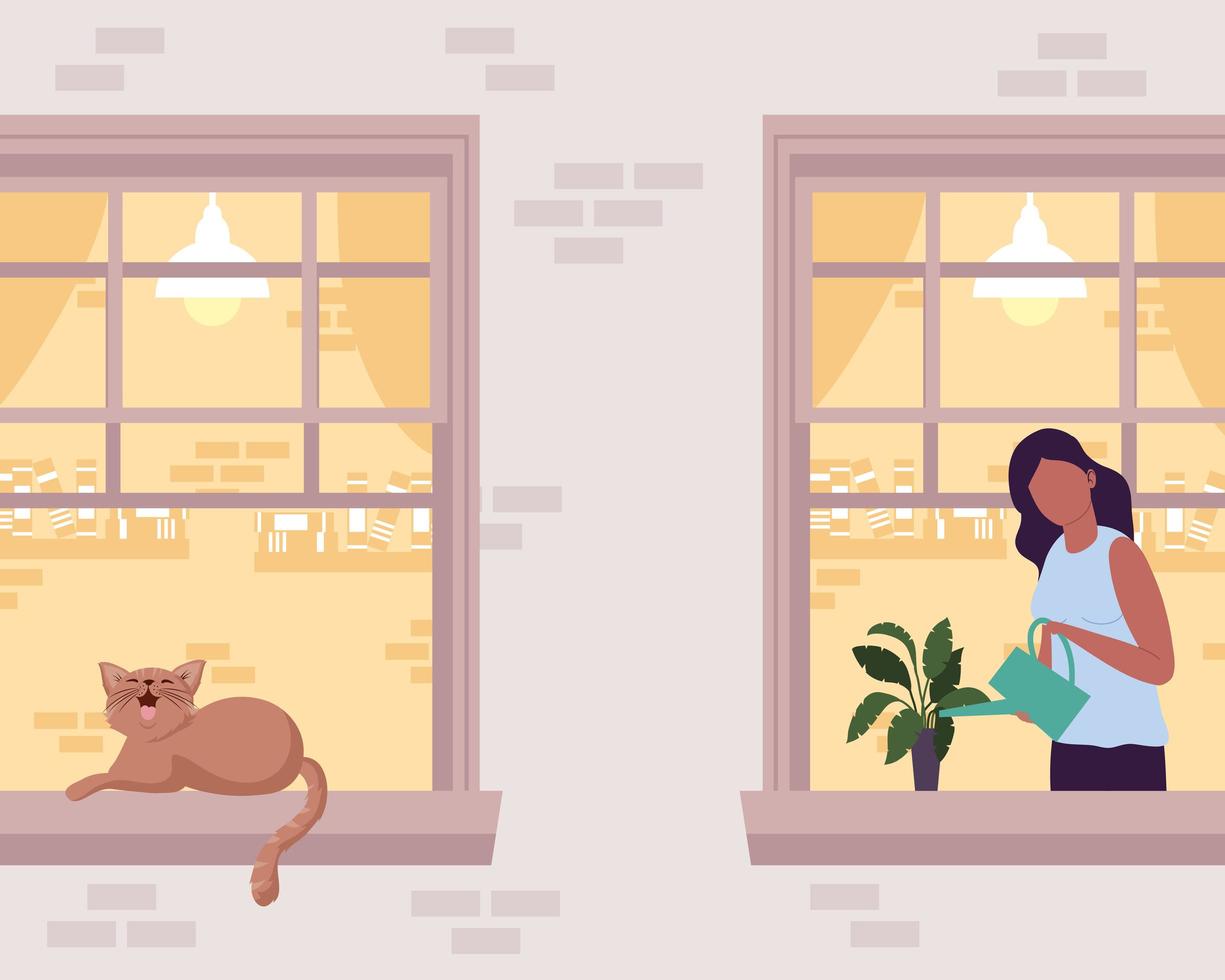 kvinna och katt i fönster vektor