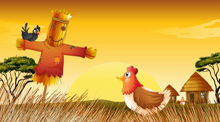 En kyckling med en fågelskräm och en svart fågel på fältet vektor