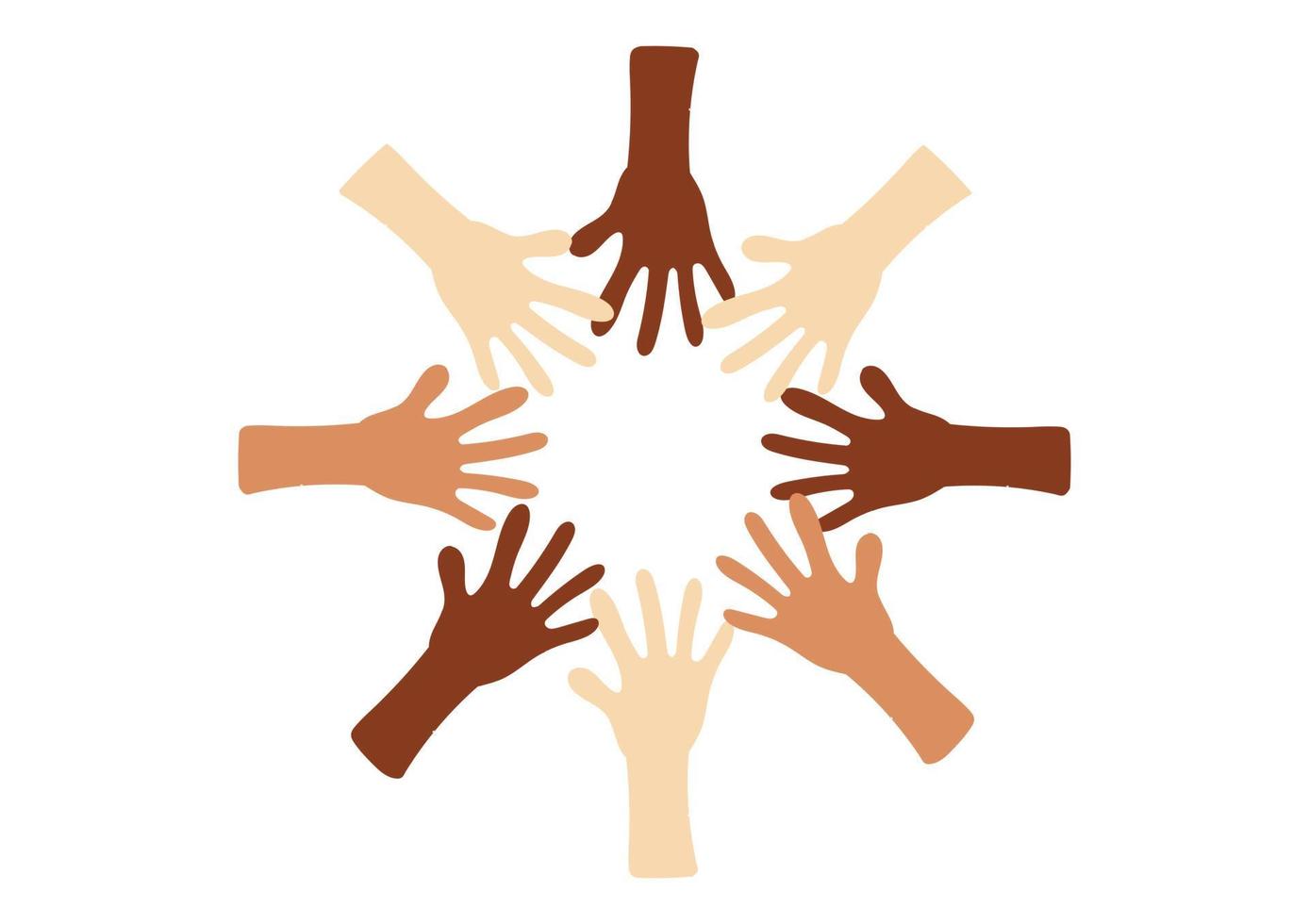 Menschenhände mit unterschiedlichen Hautfarben symbolisieren Toleranz, Zusammengehörigkeit, Frieden und Nicht-Rassismus vektor