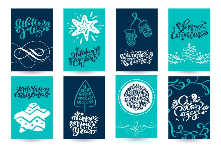 Satz skandinavische Grußkarten von Weihnachten mit Kalligraphie der frohen Weihnachten, die Textphrasen beschriftet. Handgezeichnete Vektor-Illustration. Isolierte Objekte vektor