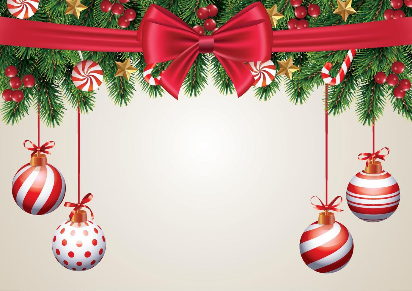 julhelgbakgrundssammansättning, julhälsningskort med hängande bollar och rött band grangranprydnader vektor