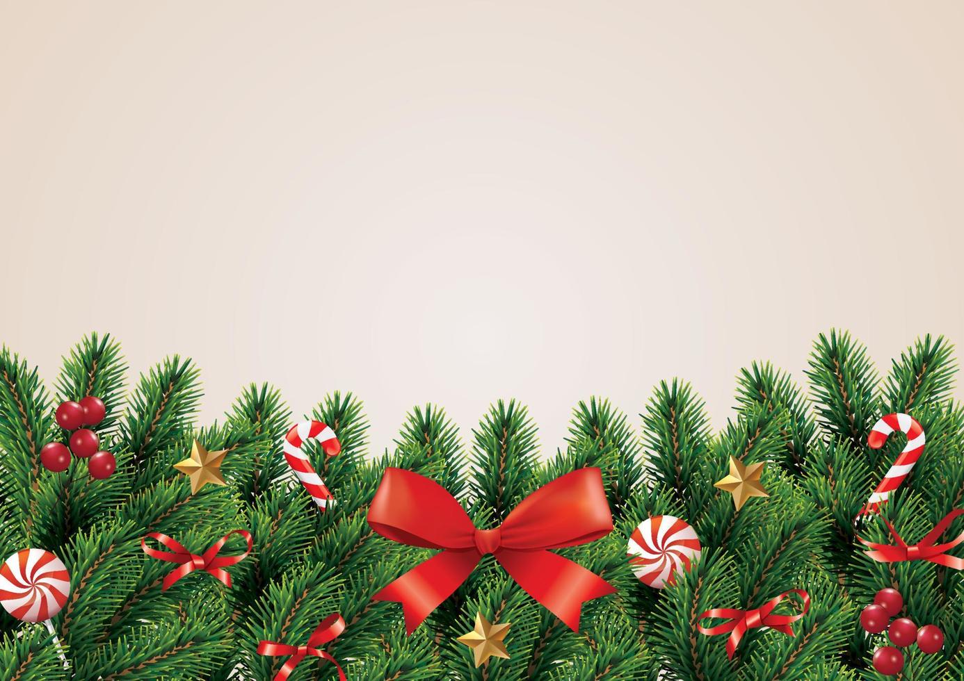 jul och krans och gränsen för realistiska röda band julgranar grenar dekorerade med bär, stjärnor och pärlor. vektor illustration.