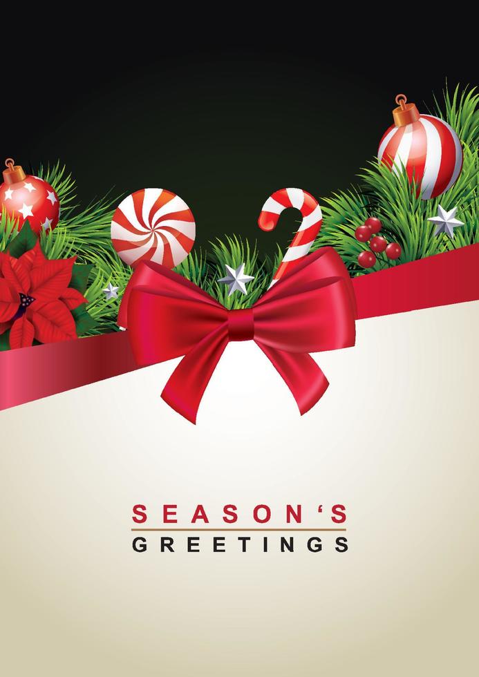 Weihnachtsgrußkartenhintergrund mit Tannenzweigen und roter Satinschleife. Vektor-Illustration. vektor
