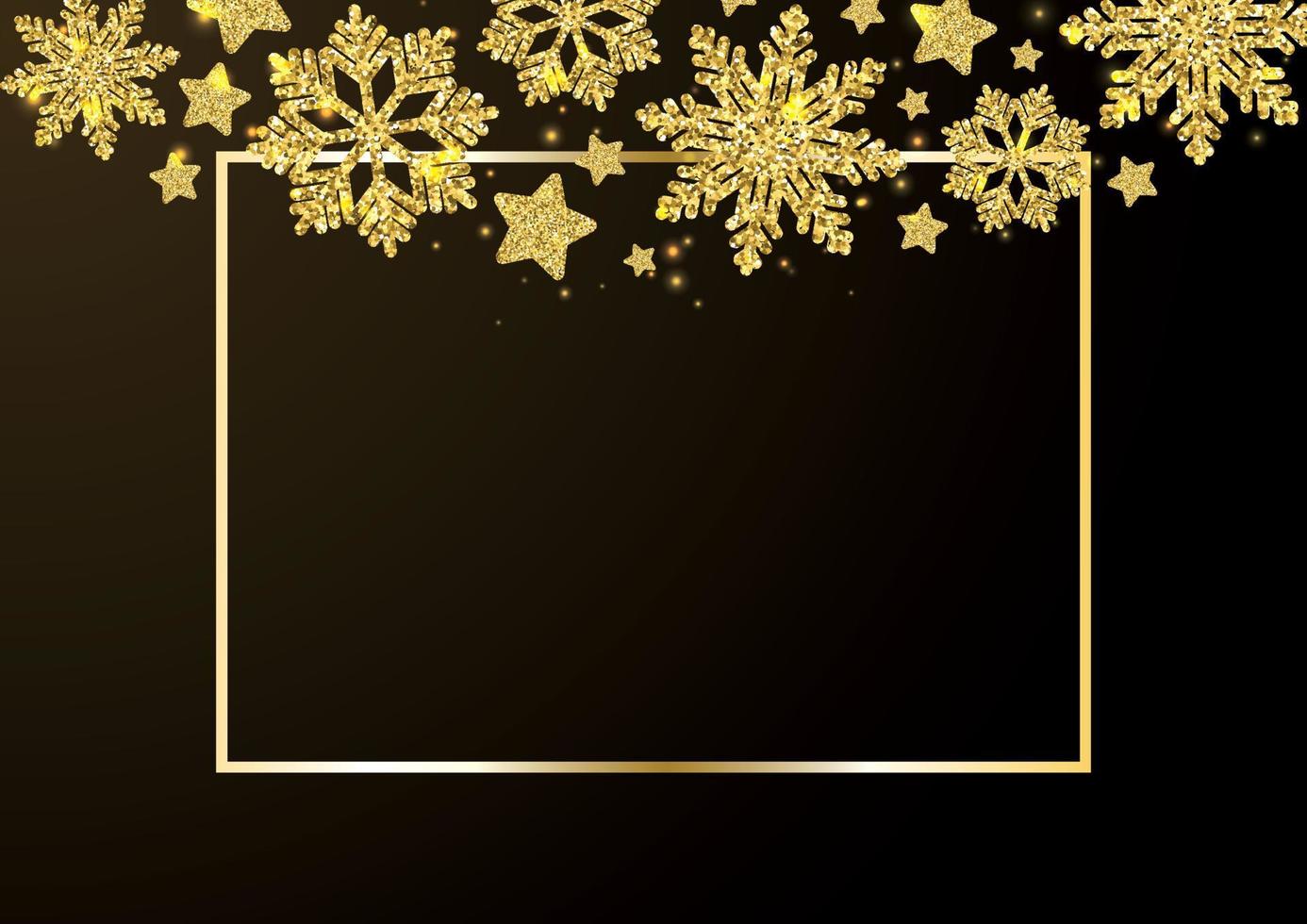 guld snöflingor som faller på svart bakgrund. gyllene snöflingor gränsar till olika prydnader. lyxig julkrans. vinterprydnad för förpackningar, kort, inbjudningar. vektor illustration.