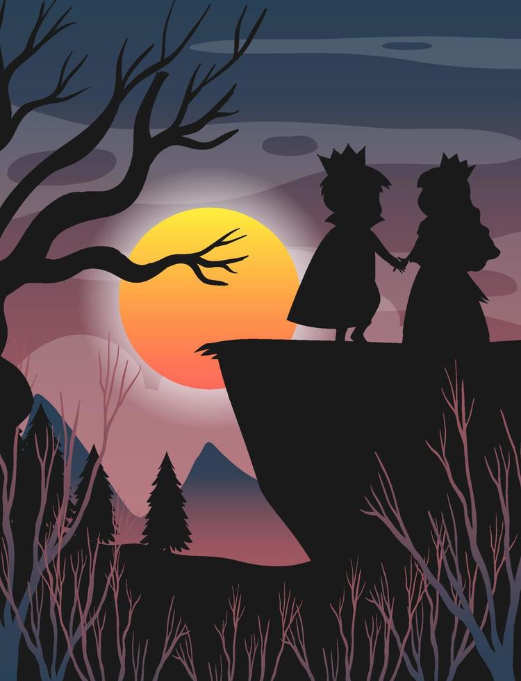 halloween natt bakgrund med prins och prinsessa siluett vektor