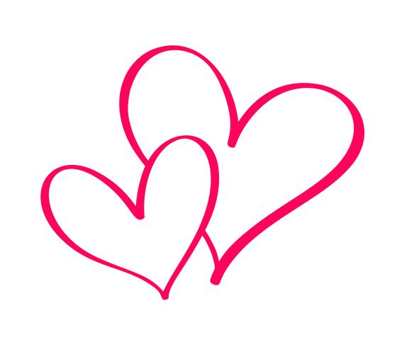 Par röda vektor valentines dag hand drackade kalligrafiska två hjärtan. Kalligrafi bokstäver illustration. Holiday Design element valentin. Ikon kärleksdekor för webb, bröllop och tryck. Isolerat