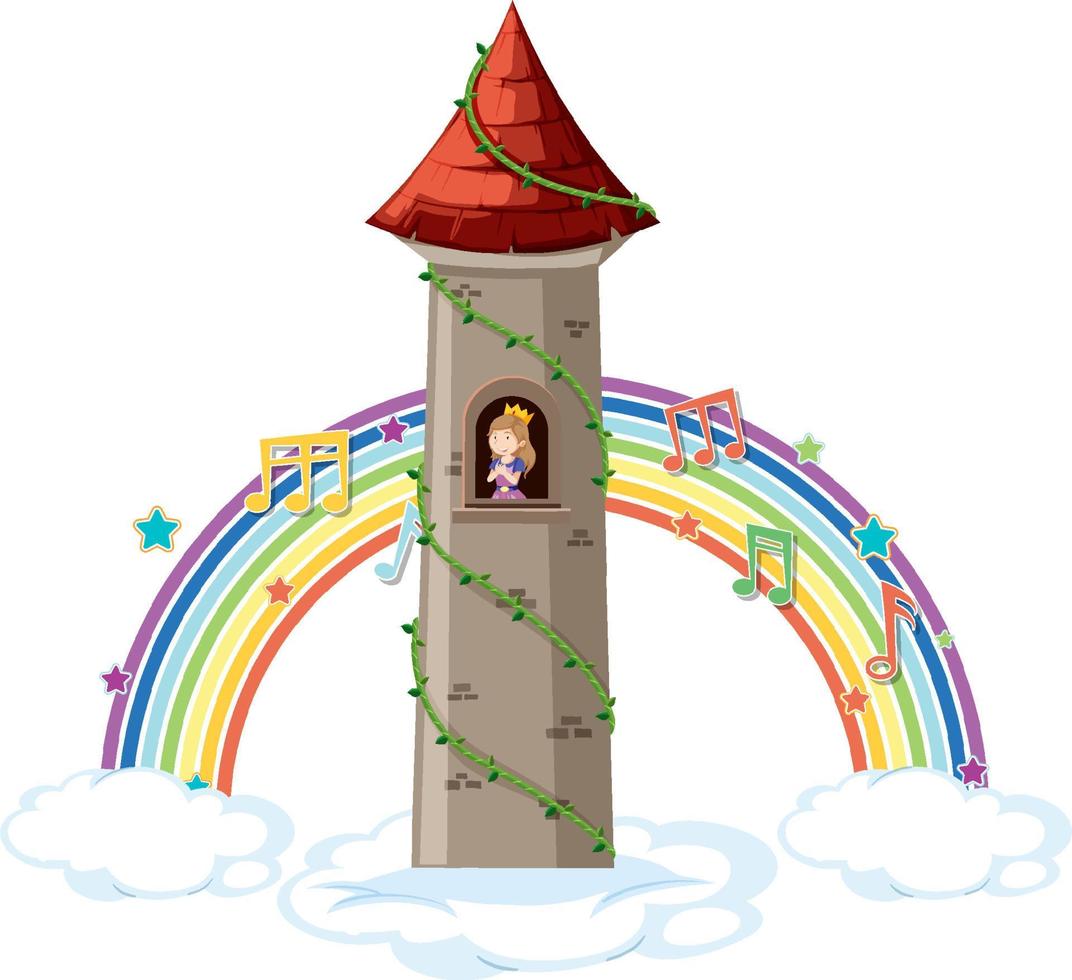 prinsessa i torn med melodisymbol på regnbågen vektor