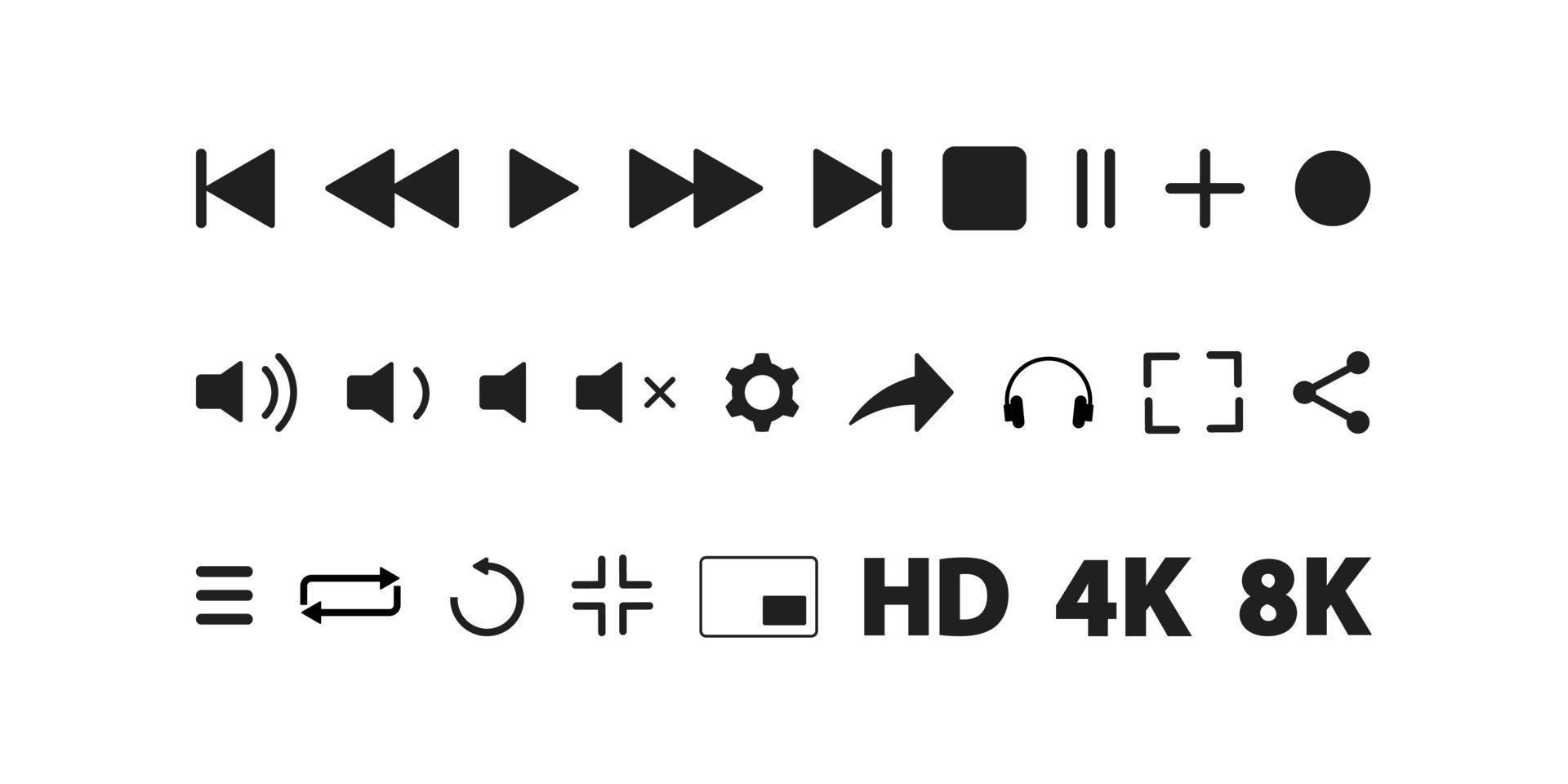 Video-Media-Player-Symbole Vektor-Set. Multimedia-Musik-Audiosteuerung. Symbole der Mediaplayer-Schnittstelle. spielen, pausieren, stummzeichen. isoliert auf weißem Hintergrund für Web, Präsentation, Logo, Symbolsymbol. vektor