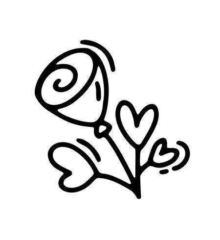 Vektormonolineblume mit Herzen. Valentinstag Hand gezeichnete Symbol. Feiertagsskizzengekritzel Auslegungsbetriebselementvalentinsgruß. Liebesdekor für Web, Hochzeit und Print. Isolierte darstellung vektor