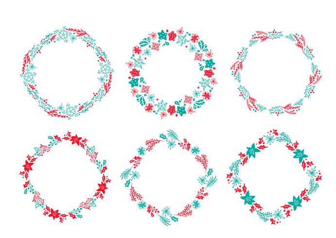 Set av vektor Jul Skandinavisk Hand Drawn krans röd och blå Floral Winter Design Elements isolerad på vit bakgrund för retro design blomstra. kalligrafi och bokstäver illustration