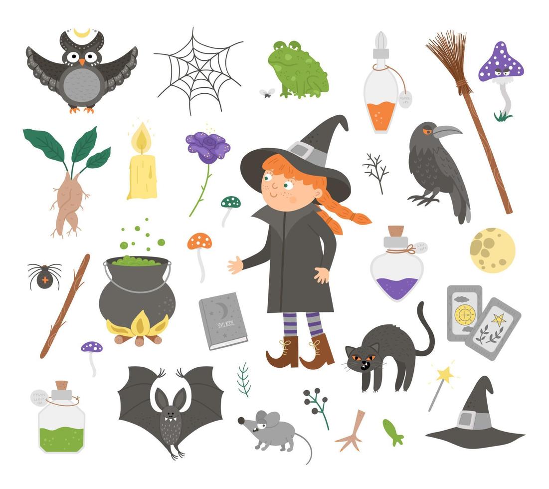 Set von niedlichen Vektor-Hexerei-Elementen und Hexe. Sammlung von Halloween-Symbolen. lustige Herbstallerheiligen-Illustration mit Mädchen, schwarze Katze, Besen, Kessel. Samhain-Party-Zeichendesign für Kinder. vektor