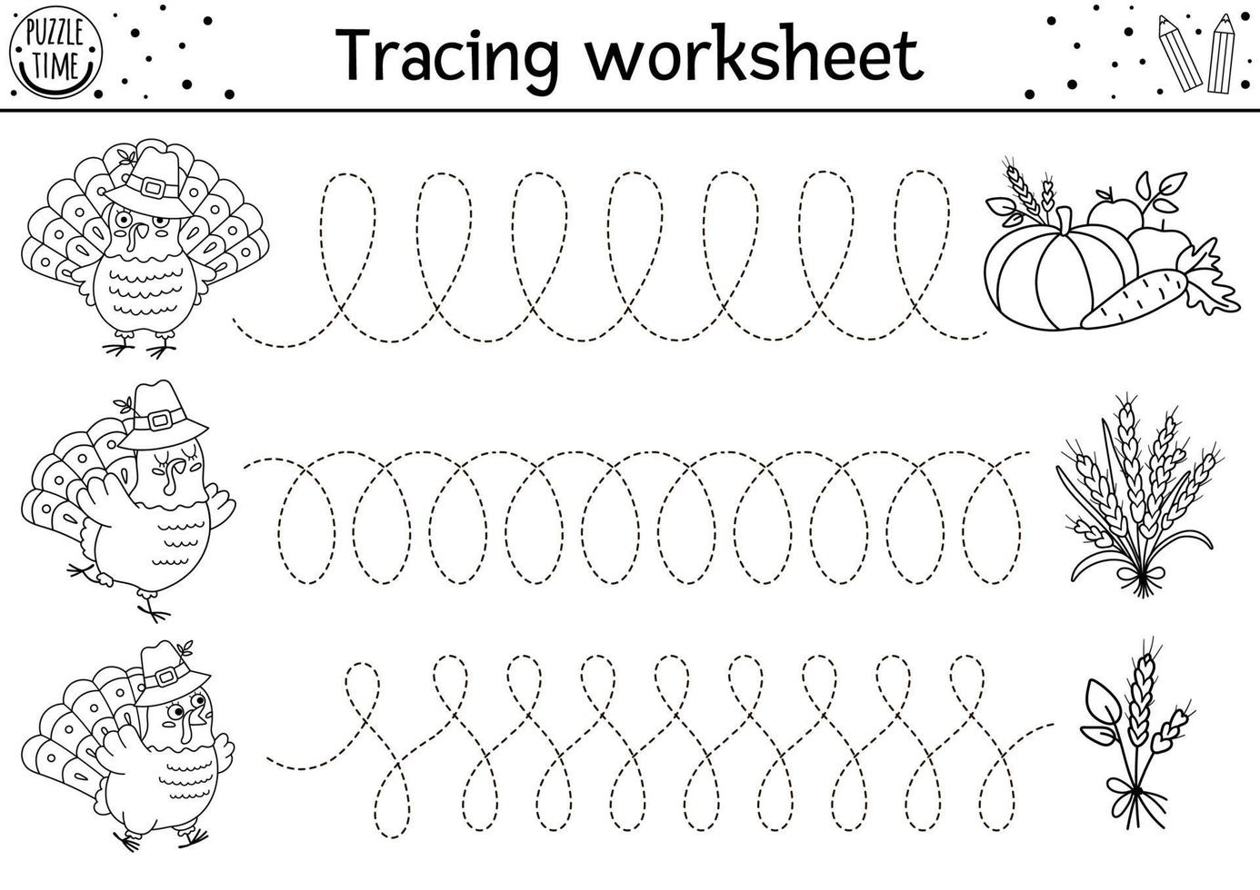 vektor tacksägelse handskrift övning kalkylblad. höstutskrivbar svartvit aktivitet för förskolebarn. fallspårning för skrivfärdigheter med söta kalkoner och skörd