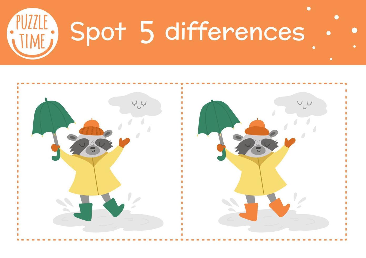 höst hitta skillnader spel för barn. höstsäsongens pedagogiska aktivitet med tvättbjörn med paraply under regnet. utskrivbart kalkylblad med roligt leende djur. söt skogscen vektor