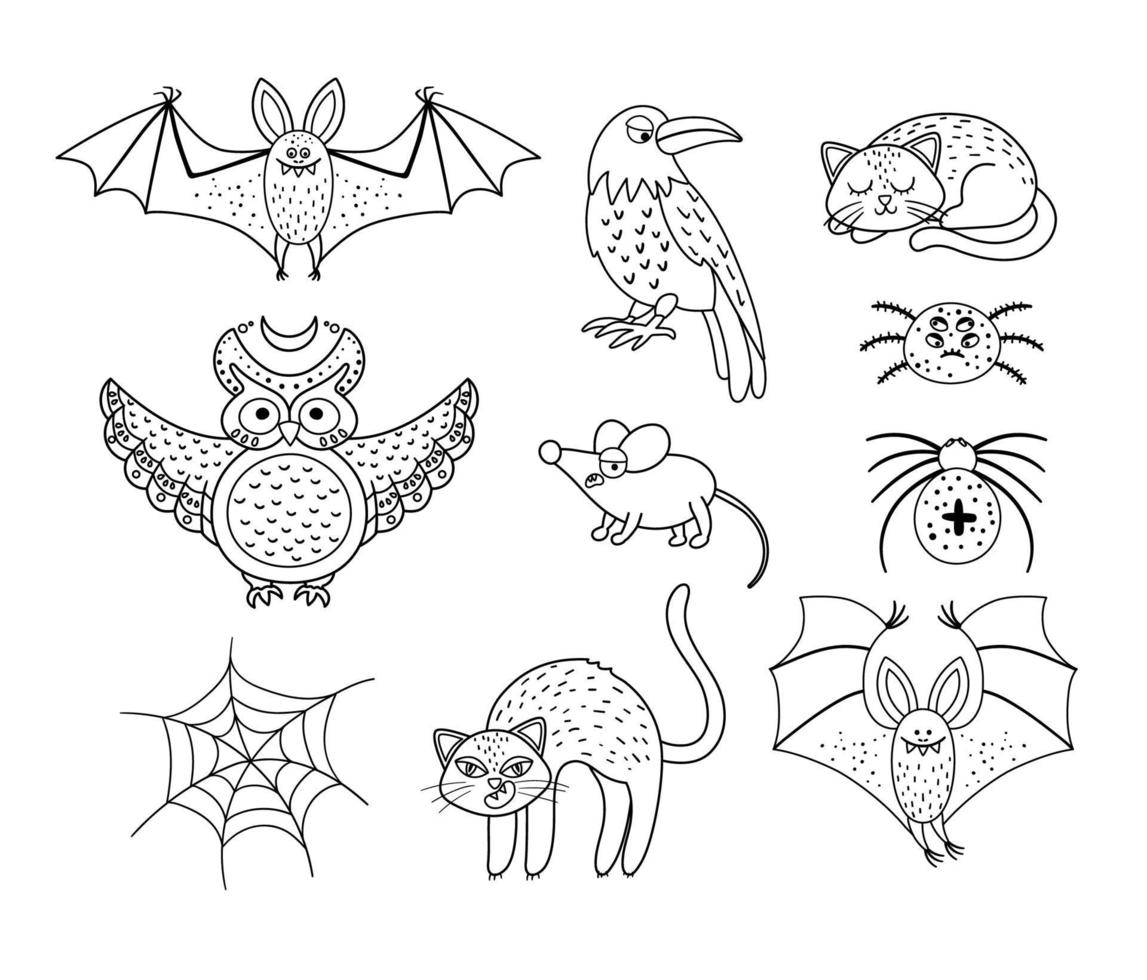 Satz von Vektor-schwarz-weißen gruseligen Kreaturen. Halloween-Charaktere-Symbole-Sammlung. süße Herbst Allerheiligen-Illustration mit Fledermaus, Rabe, Katze, Eule. Samhain Party Malvorlagen. vektor