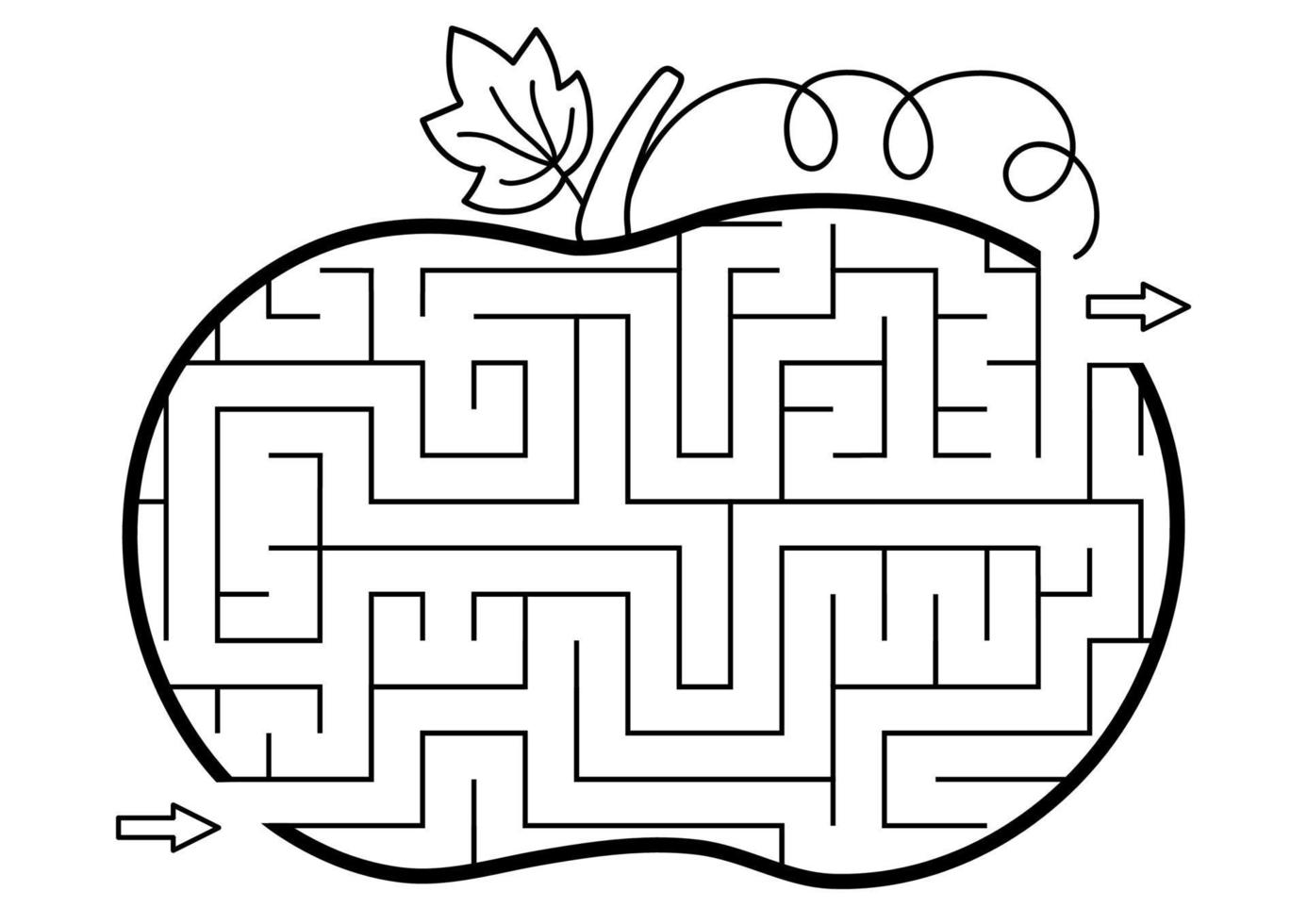 Thanksgiving Schwarz-Weiß-Labyrinth für Kinder. Herbst- oder Halloween-Feiertagslinie druckbare Aktivität. fallen Sie geometrische Umriss-Labyrinth-Spiel oder Puzzle wie Kürbis geformt. Ernte-Themenseite für Kinder vektor