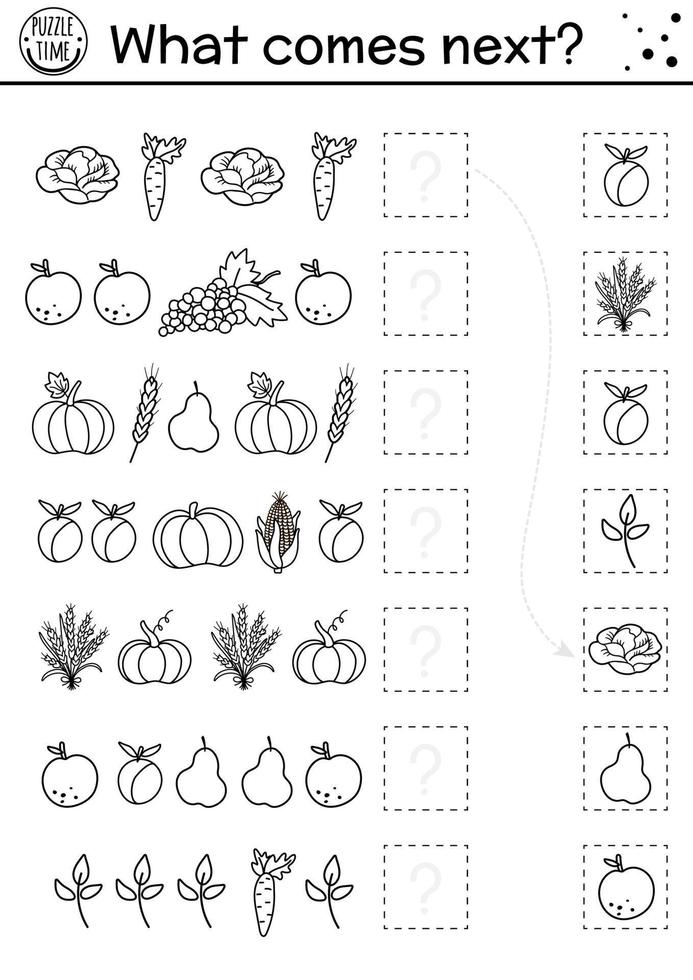 vad kommer härnäst. matchande svartvitt aktivitet för barn med höstfrukt och grönsaker. linje falla pussel. logiskt arbetsblad med skörd. tacksägelse fortsätt radspelet. vektor