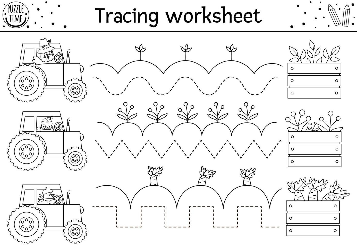 Vektor Thanksgiving Handschrift Praxis Arbeitsblatt. Herbstliche druckbare Schwarz-Weiß-Aktivität für Kinder im Vorschulalter. Fall-Tracing-Spiel zum Schreiben von Fähigkeiten mit süßem Truthahn und Vögeln auf dem Traktor, Ernte