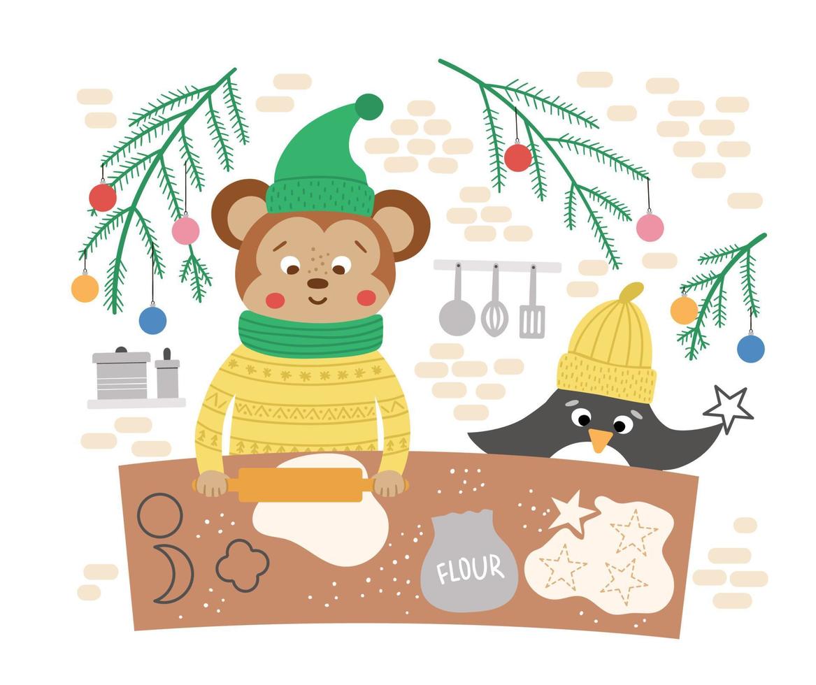 süße Weihnachtsvorbereitungsszene mit Affen und Pinguinen, die Kekse backen. Winterillustration mit Tieren. lustiges Kartendesign. Neujahrsdruck mit lächelnden Zeichen vektor