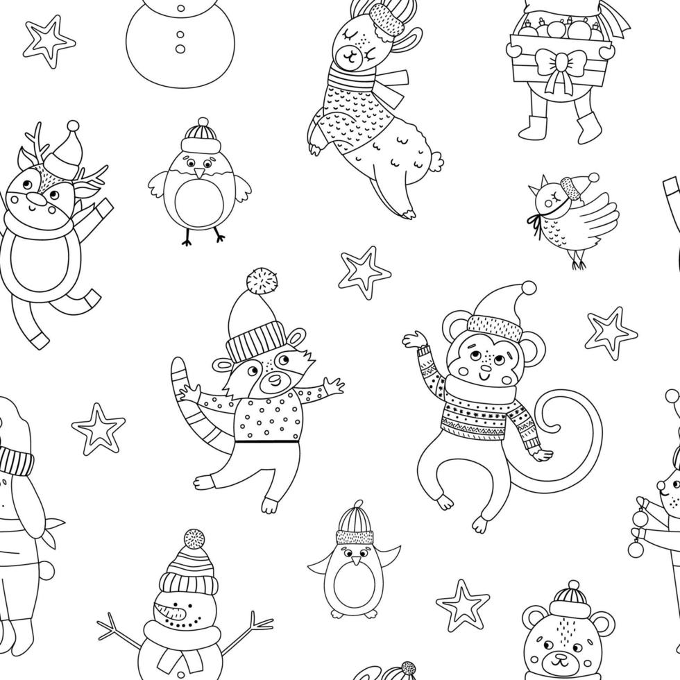 vektor sömlösa mönster med svartvita julkaraktärer. upprepande bakgrund med jultomten, roliga djur, snögubbe. söt vinterpapper för dekorationer eller nyårsdesign.