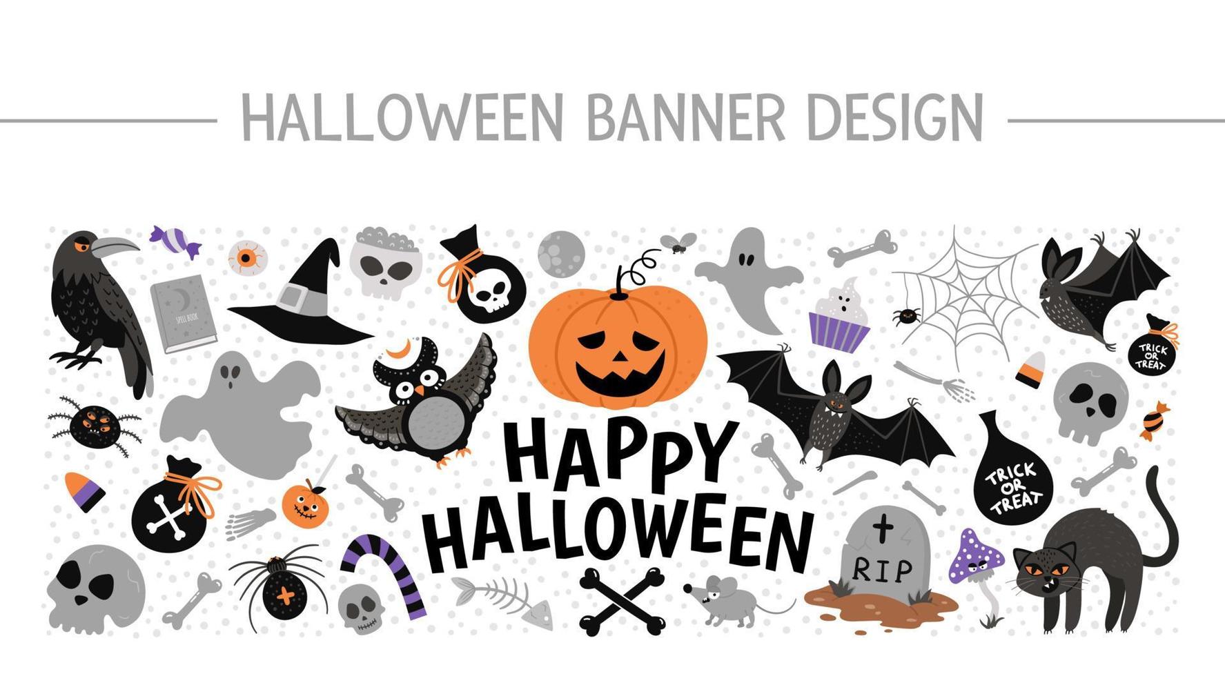 Vektor horizontaler Layoutrahmen mit Halloween-Elementen. traditionelles Samhain-Party-Clipart-Set. gruseliges Design für Webbanner, Poster, Einladungen. süße Herbstferien-Kartenvorlage.