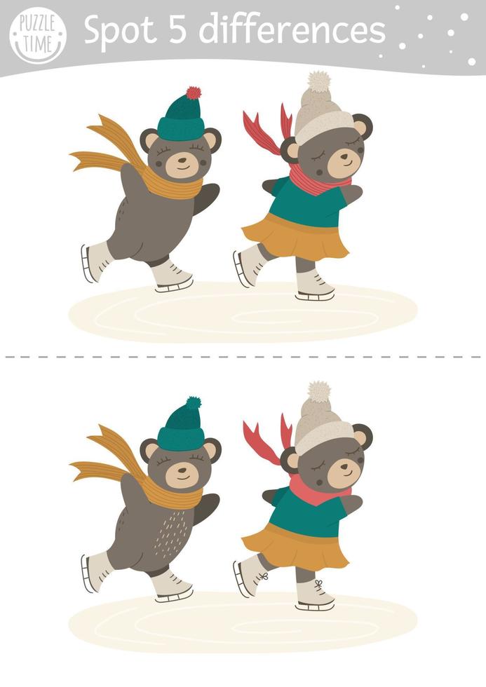 Finde Unterschiede Spiel für Kinder. Winterpädagogische Aktivität mit lustigen Schlittschuhbären. druckbares Arbeitsblatt. Weihnachtsferien-Puzzle für Kinder. Vorschulblatt für das neue Jahr vektor