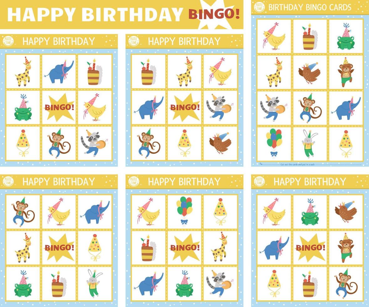 vektor gratulationskort bingo kort set. roligt familjelotto brädspel med söta djur, ballonger, kakor för barn. semesterparty lotteriaktivitet. enkelt pedagogiskt utskrivbart arbetsblad.