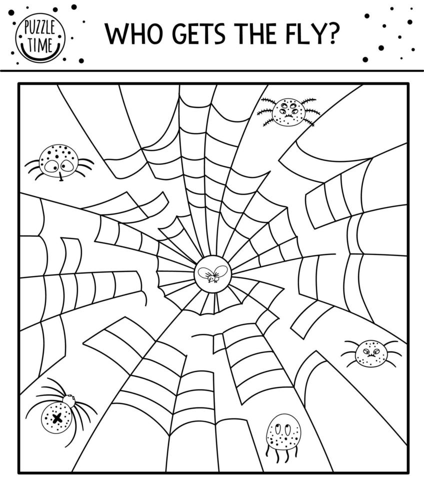 halloween svartvitt labyrint för barn. höstförskola utskrivbar pedagogisk aktivitet. rolig dag med det döda spelet eller målarbok med spindlar, nät, insekt. som får flugan vektor