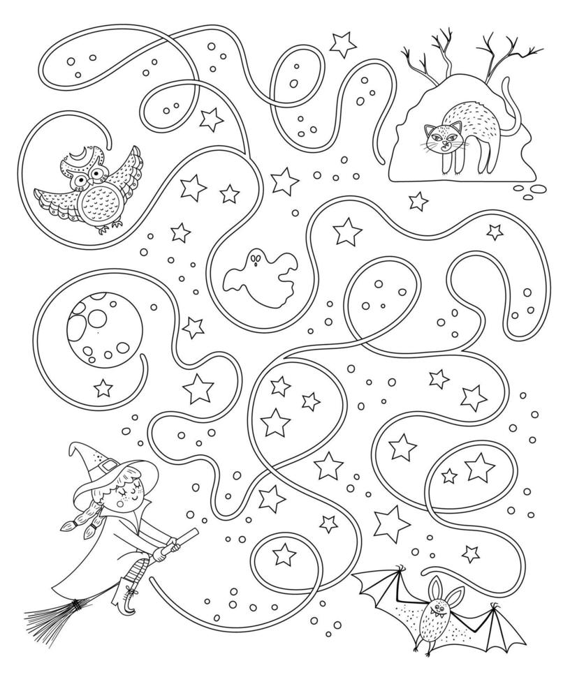 halloween svartvitt labyrint för barn. höstförskola utskrivbar pedagogisk aktivitet. rolig dag med det döda spelet eller målarbok. hjälp häxan komma till hennes kulle vektor