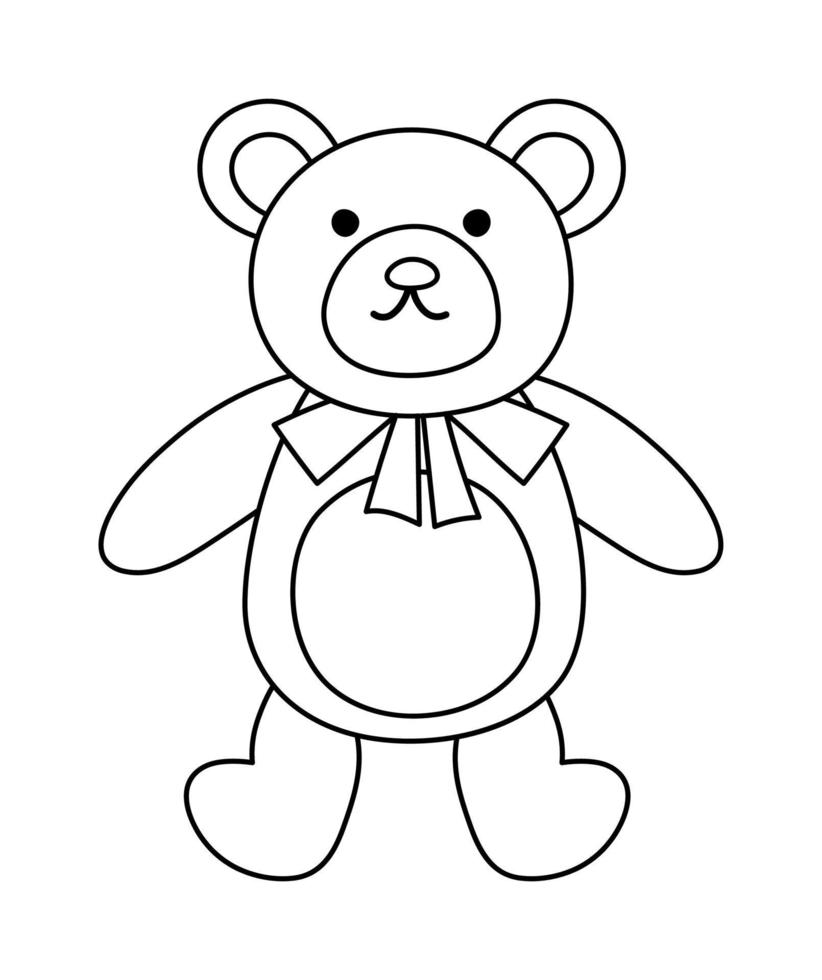 Vektor-Schwarz-Weiß-Teddybär auf weißem Hintergrund. süße spielzeugtierillustration für kinder. lustiges lächelndes Zeichenliniensymbol für Kinder vektor