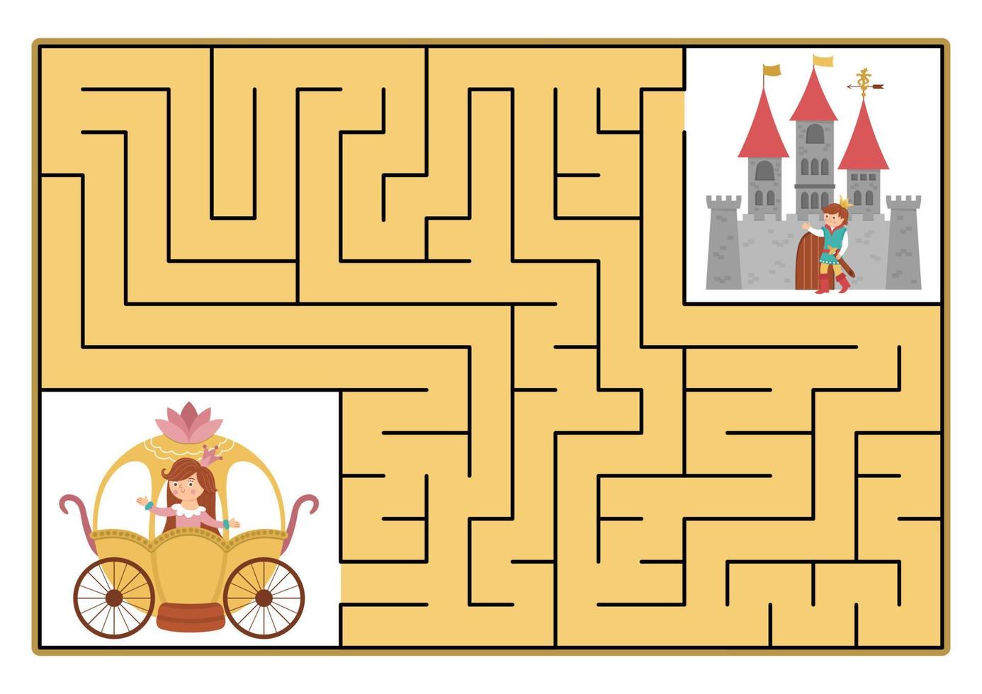 Märchenlabyrinth für Kinder mit Fantasy-Figuren. Druckbare Aktivität für die Vorschule des magischen Königreichs mit Kutsche und Burg. Märchen geometrisches Labyrinth-Spiel oder Puzzle. hilf der Prinzessin, zum Prinzen zu kommen vektor