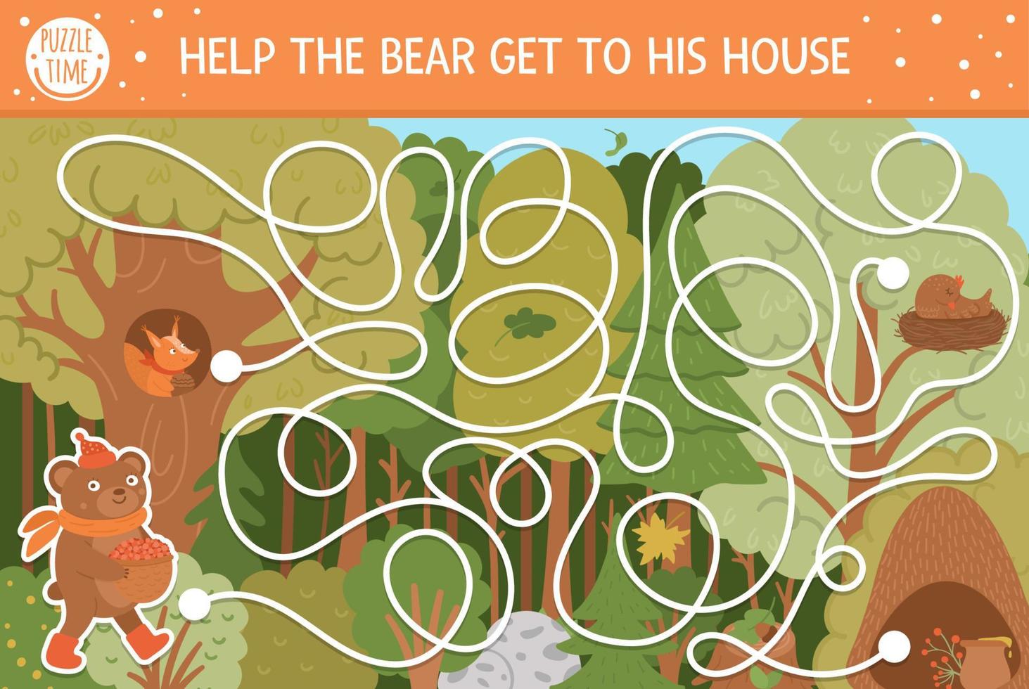 höstlabyrint för barn. förskola utskrivbar pedagogisk aktivitet. roligt höstsäsongspussel med söta skogsdjur. hjälp björnen att komma hem. skogsspel för barn. vektor